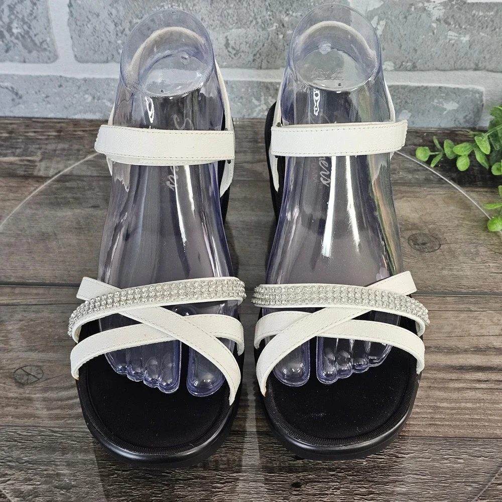 Skechers Concords Wedge Sandals Memory Foam White Embellished‎ Straps Size 8